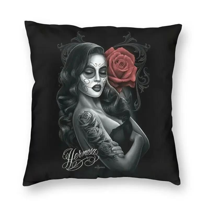Halloween Zuckerschädel Mädchen Kissenbezug Sofa Heim Dekoration Mexikanisch Chicano Stil Quadratischer Wurfkissenbezug 40x40cm