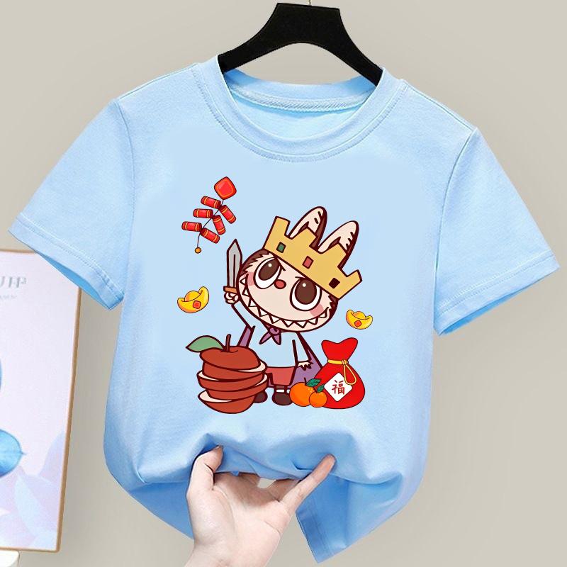 Happy New Year 2025 Cartoon Labubu Cute Printed Children's T-shirt Round Neck Girls' Top Multiple Sizes