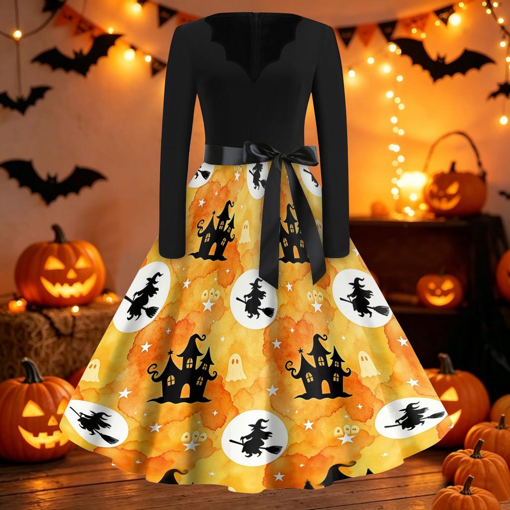 Womens Vintage V Neck Dress Halloween Print Long Sleeve Casual Retro Swing Dress with Waist Tie Belt and Flared Skirt for Party