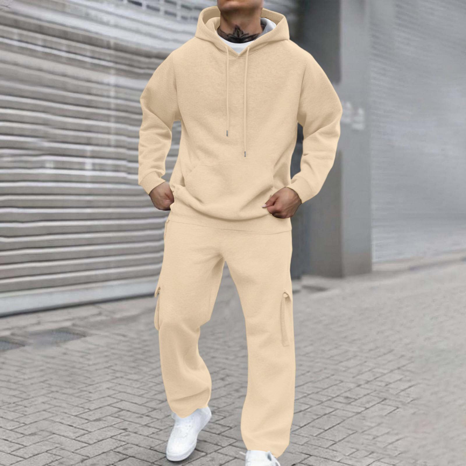 

Mens Two Piece Hoodie and Sweatpants Set Casual Loose Fit Pullover Hooded Top with Drawstring and Cargo Pants for Everyday Wear S бежевый