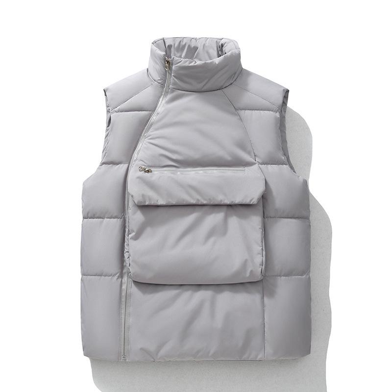 Men's Stand Collar Quilted Puffer Vest Zip Up Sleeveless Padded Jacket With Pockets Solid Color Casual Outerwear