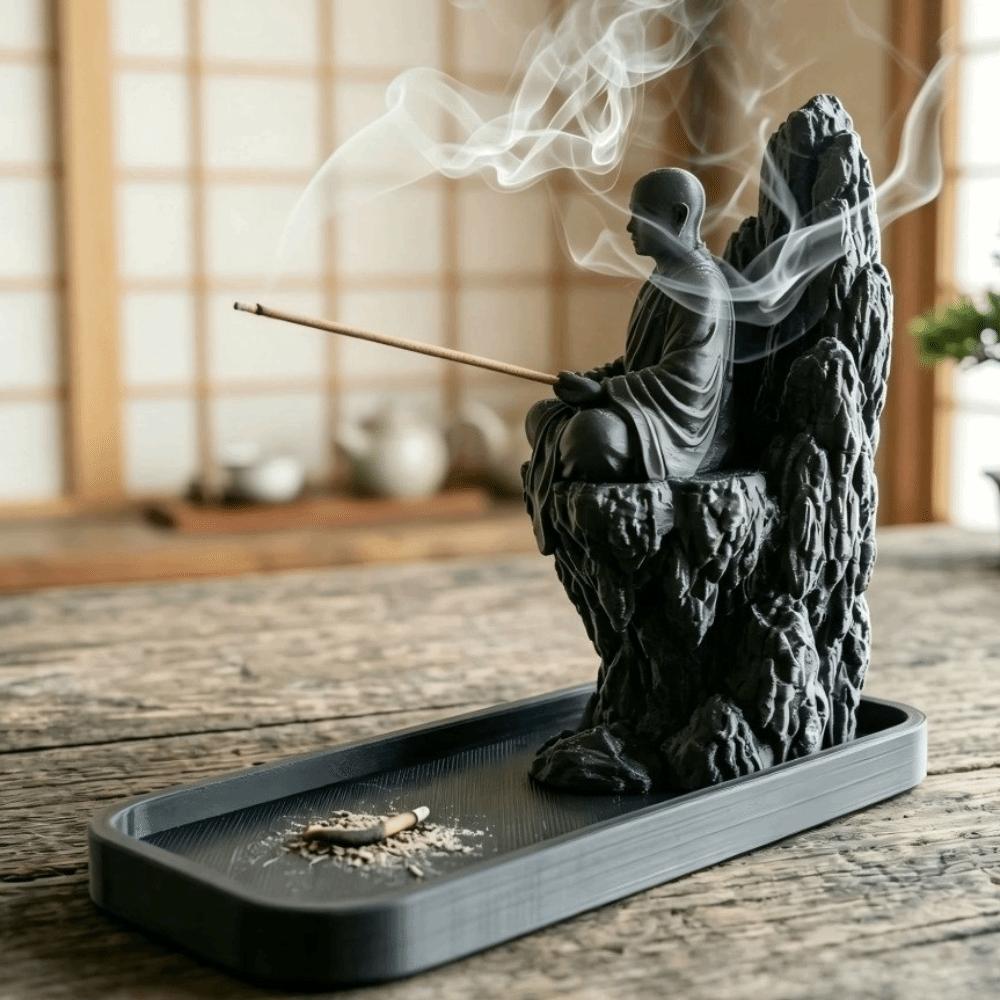 3D Printed Meditating Monk Incense Burner Mountain Cliff Mountain Incense Stand Study Decor