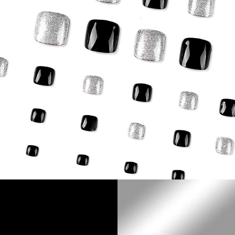 24Pcs/Set Quick Nails Short Black Toenails With Silver Glitter False Nials Sticker Wearable Waterproof Manicure Finished Nails
