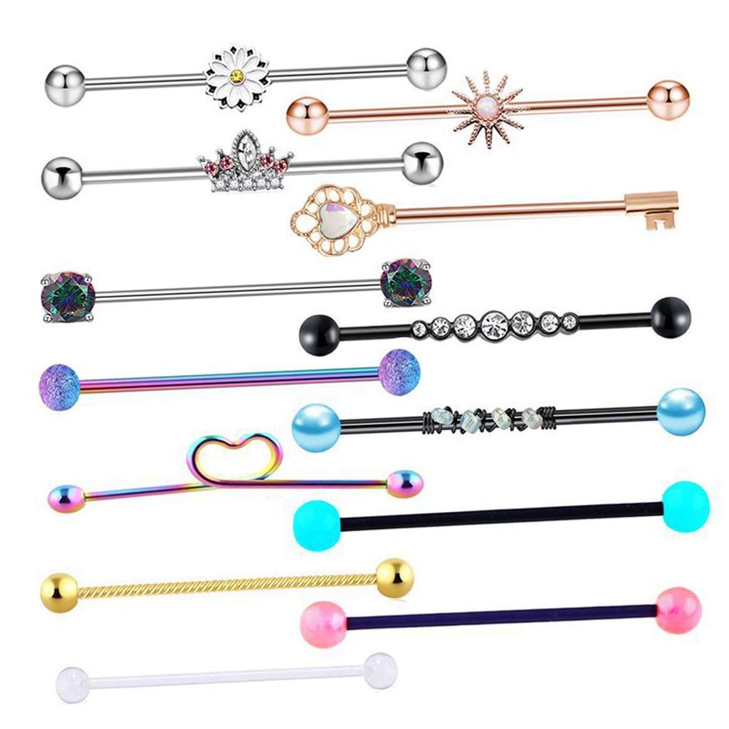 13x 14G Industrial Barbell Earrings Heart Flower Rhinestone Piercing Jewelry