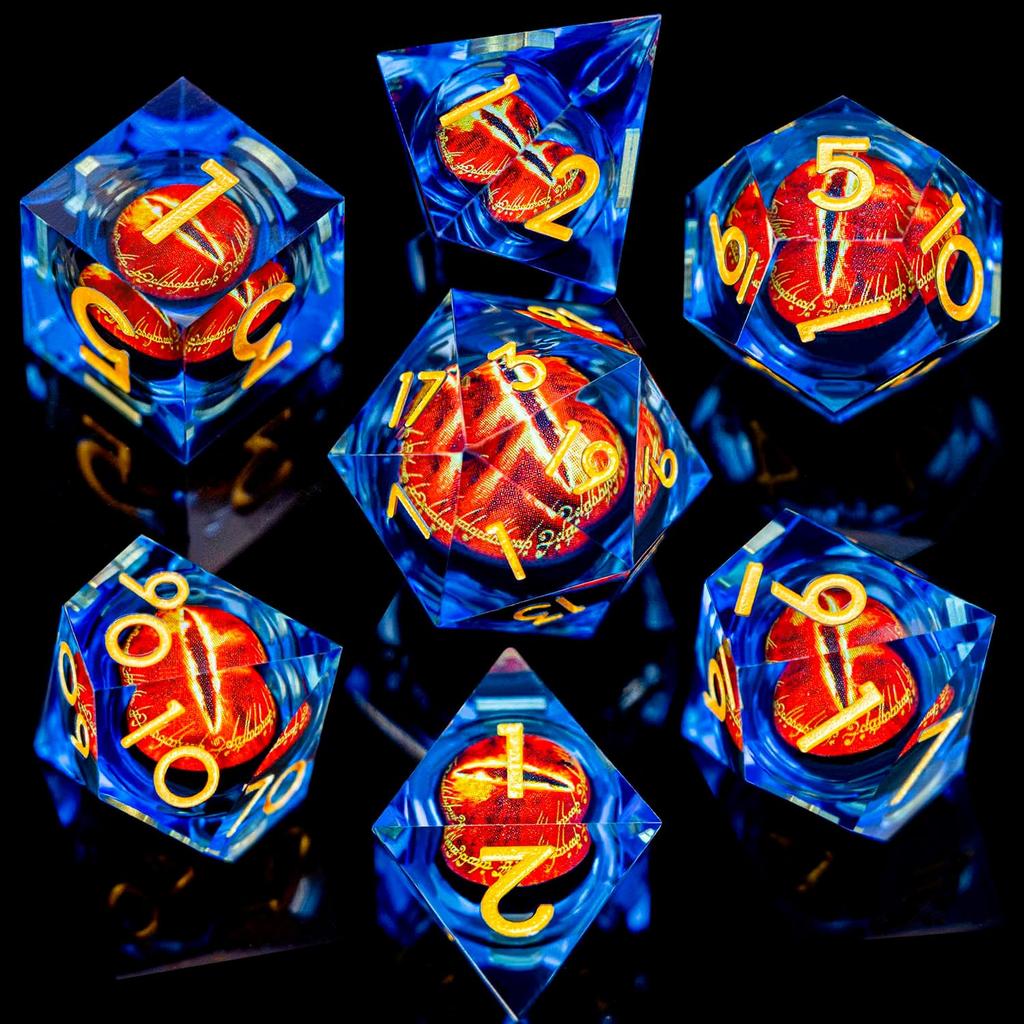 Runes DND Resin Dice Gazes Eye Dice Golden Blue Liquid Core Flaming RPG Sharp Edged Dice Set with Gift Box Polyhedral Compatible