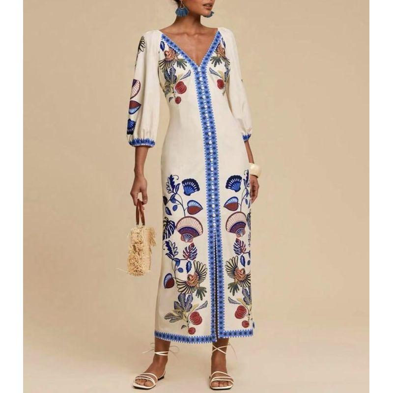 

Fashion Fall V-neck Print Long Dress Women s Clothing Blue flower S