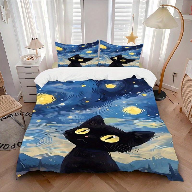 3pcs Black Cat Night Sky Bedding Set, Breathable And Soft, Suitable for All Seasons Machine Washable, Suitable for Bedroom Decoration,yy250822116