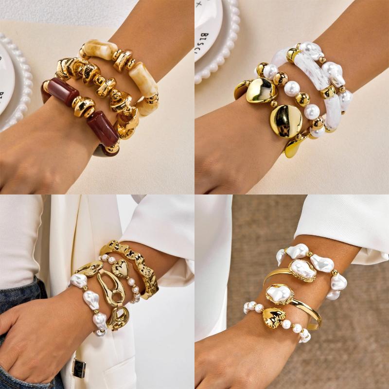 Liquid Metal Geometric Bracelets Set For Women Irregular Imitation Pearls Heart Beaded Bracelets Party Jewelry Gifts