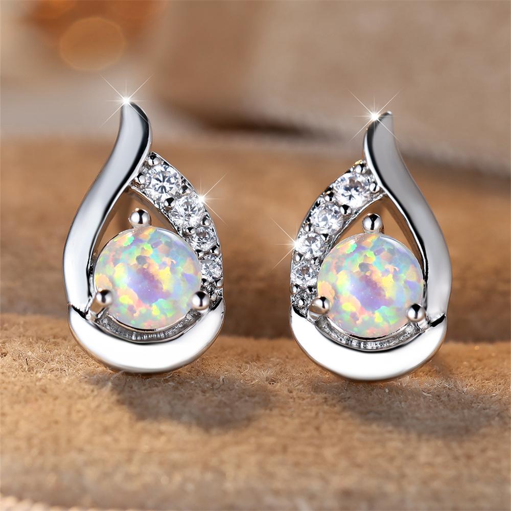 White Fire Opal Round Stone Stud Earrings For Women Vintage Black Rose Gold Silver Color Angel Wings Earring Engagement Jewelry