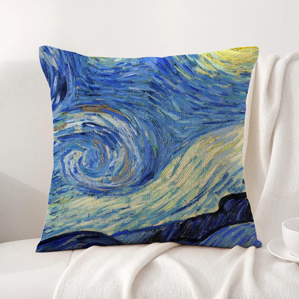 Color Van Goghs Starry Night Cushion Cover Natural Linen Organic Fabric DoubleSided Printing Sofa Home Decor Breathable