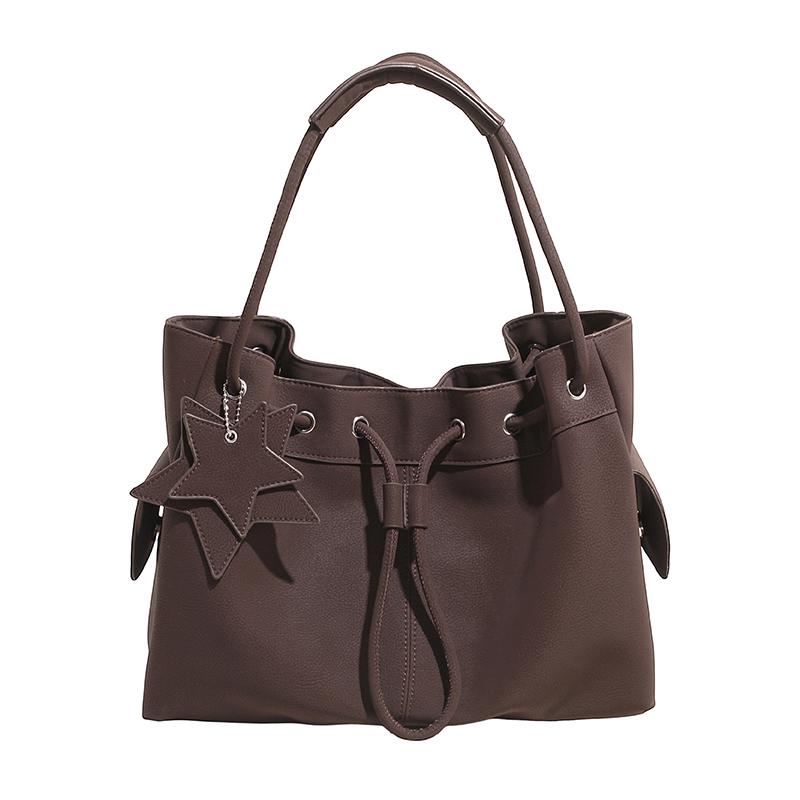 

Drawstring Bucket Shoulder Bags For Women Soft PU Leather Solid Color Large Capacity Shopper Totes 2026 New In Designer Handbags 36x27x16cm кавовий