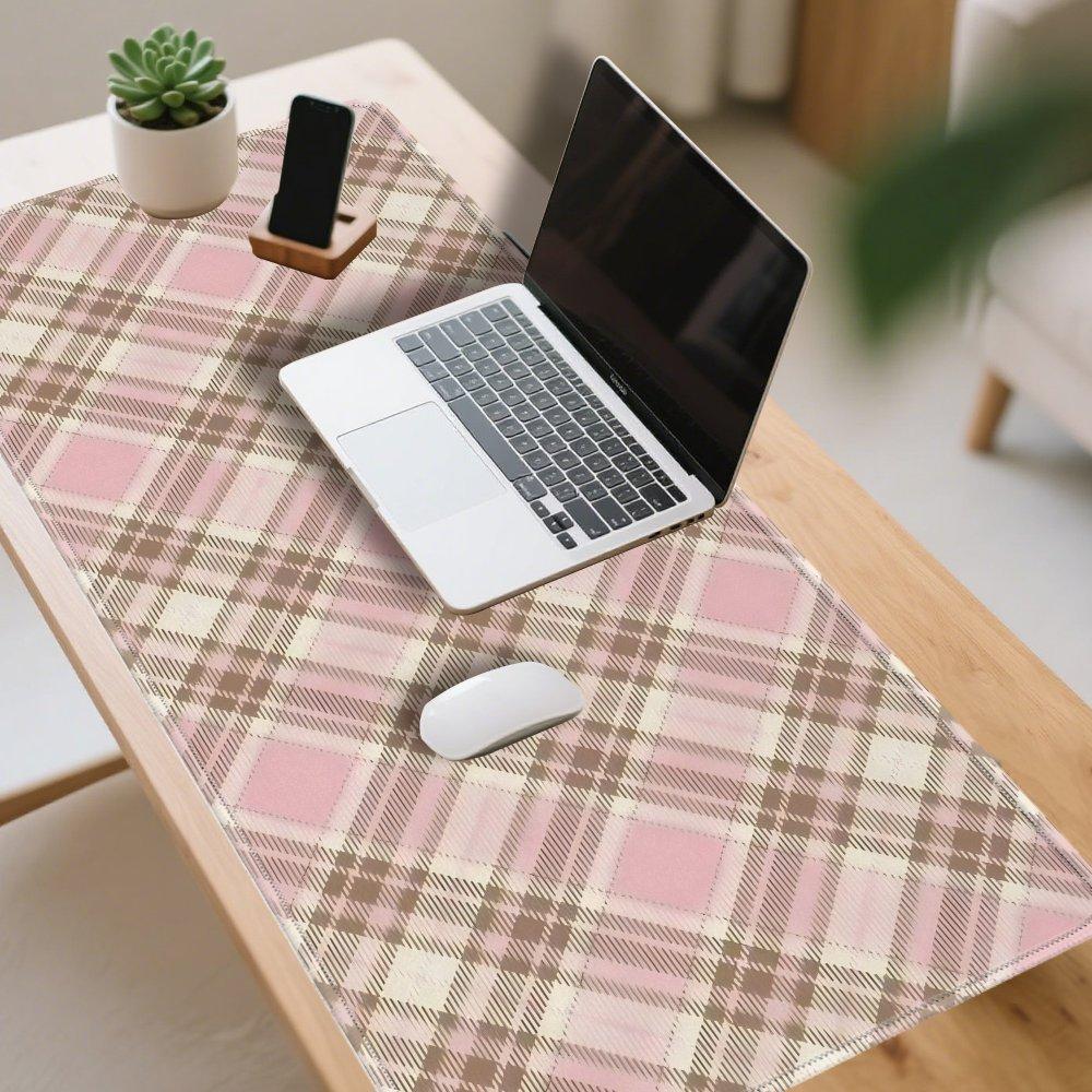 Soft Pink Brown Tone British Plaid Desk Mat Large Flat Gaming Desk Mat with Decorative Mouse Pad