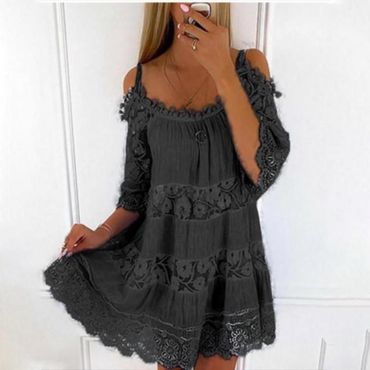 Sommer Strandkleid Cold Shoulder Minikleid Damen Stickerei Häkelspitze Rundhalsausschnitt Halbe Ärmel Lockerer Schnitt Mittlere Taille