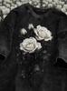 Dark Black Rose Graphic Print T Shirt Washed Vintage Casual Loose Streetwear Daily Wear Short Sleeve Goth Top