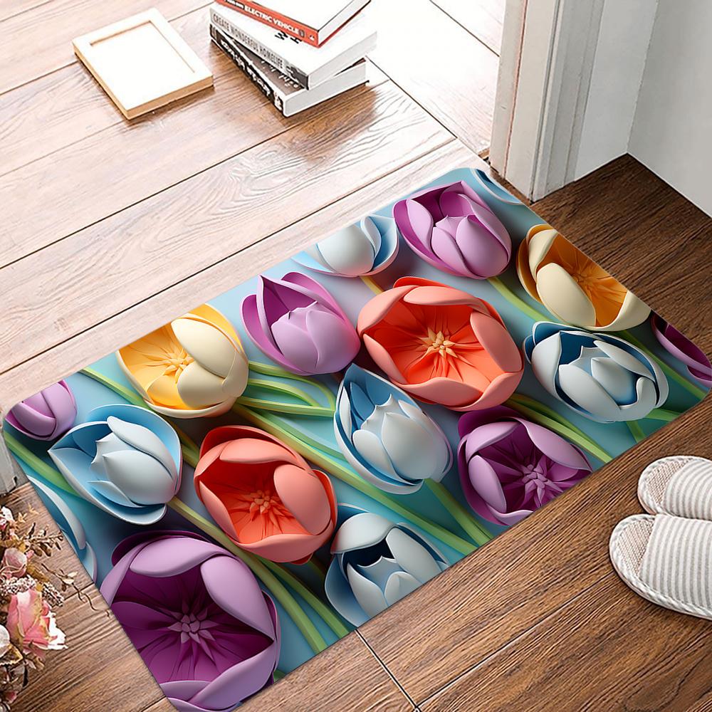 Colored Tulips Diatom Mud Entrance Antislip Home Outdoor Kitchen Rug Washable Hallway Bathroom Porch Floor Door Mat Decorate