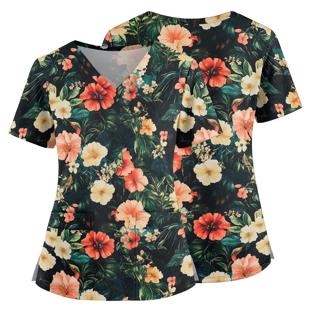 Floral Print V Neck Medical Scrub Top with Pockets Side Slits Short Sleeve Nurse Uniform Shirt for Women Comfortable Fit