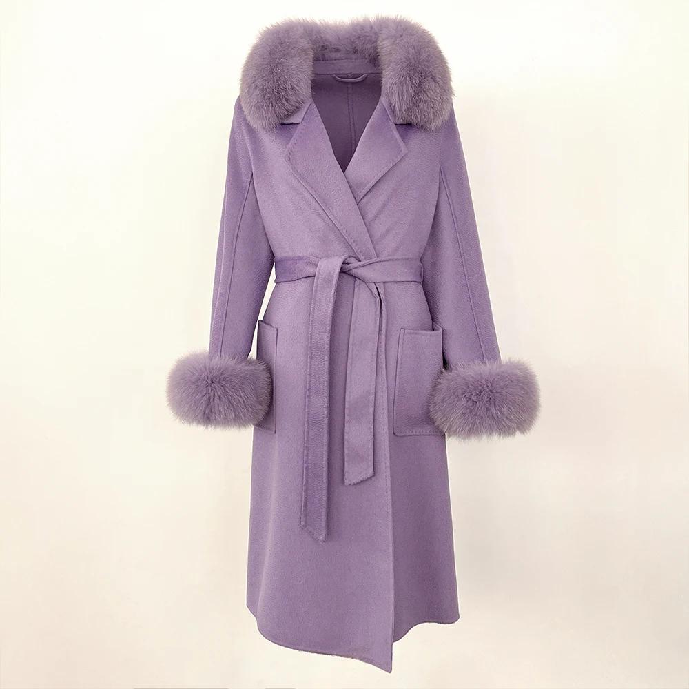 Woman Trend 2024 Autumn Winter 100% Double-sided Wool Coat Ladies Real Fox Fur Collar Detachable Long Coat
