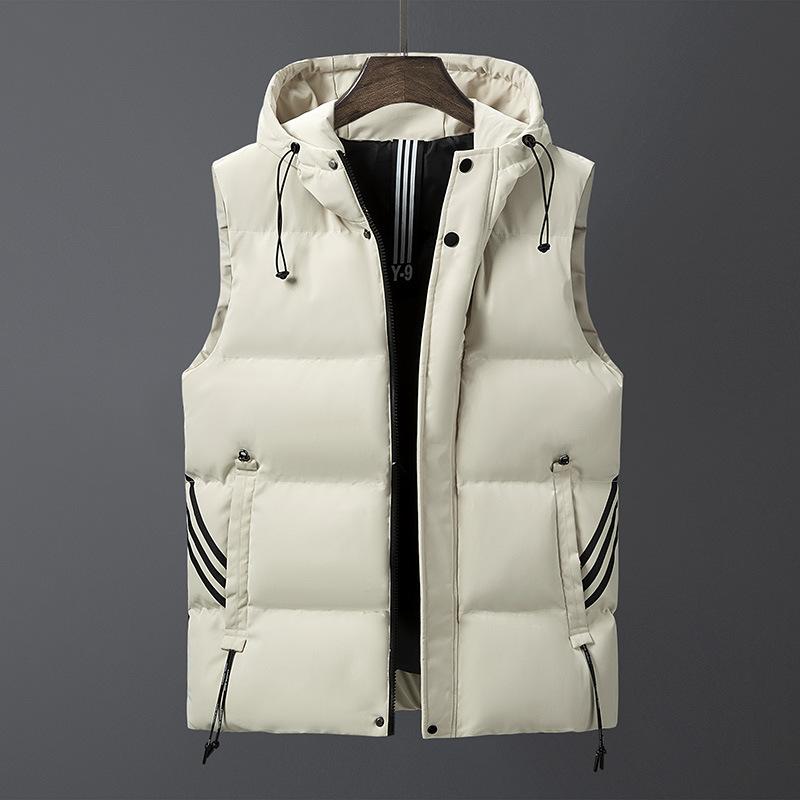 Men's Winter Washed Cotton Vest Large Size Slim Fit Hooded Vest Youth Three Stripes Versatile Sleeveless Jacket