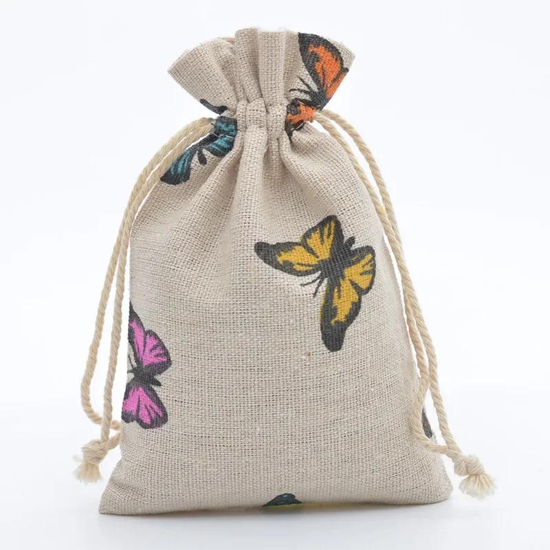 10pcs Cartoon Printing Multicolor Natural Cotton linen Wedding Children's Travel Supplies Cosmetic Sundries Storage gift Bags