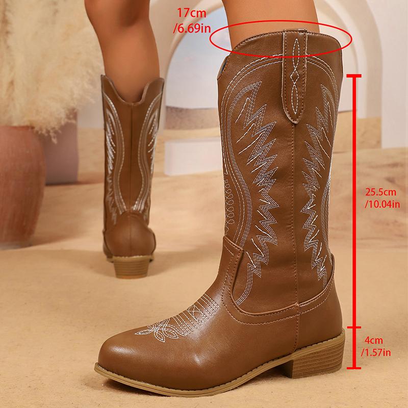 Fashion 2025 Vintage Embroidery Western Boots Women Plus Size 36-43 Thick Heels Mid Calf Boots Woman Autumn Winter Slip On Cowgirl Botas