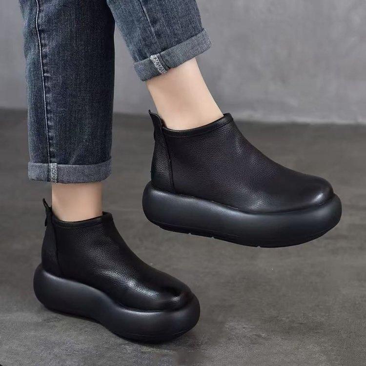 Muffin thick-soled Martin boots women's autumn and winter new lightweight and comfortable single boots retro round head soft leather soft-soled boots