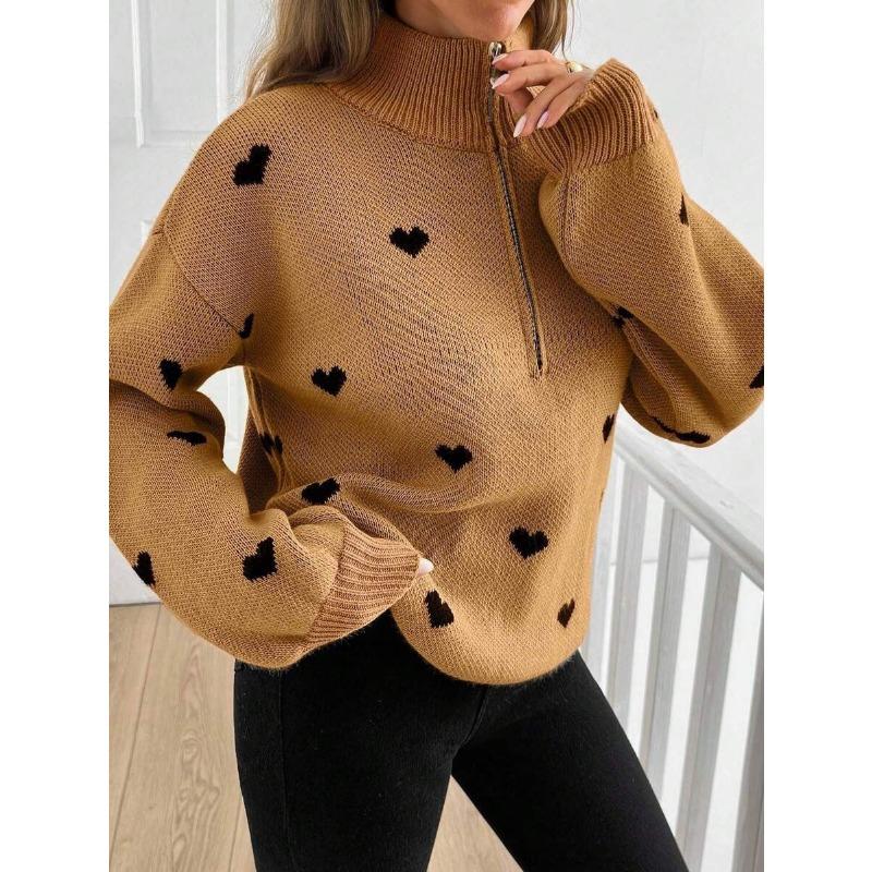 Damen Lockerer Halb-Reißverschluss Gestrickter Langarm Pullover mit Herzmuster Freizeit