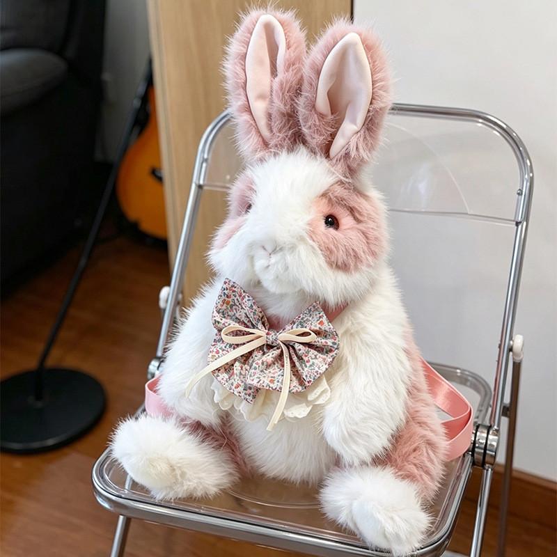 Cute Bowknot Plush Rabbit Backpack Realistic Long Fur Bunny Doll Cartoon Stuffed Animal Bag