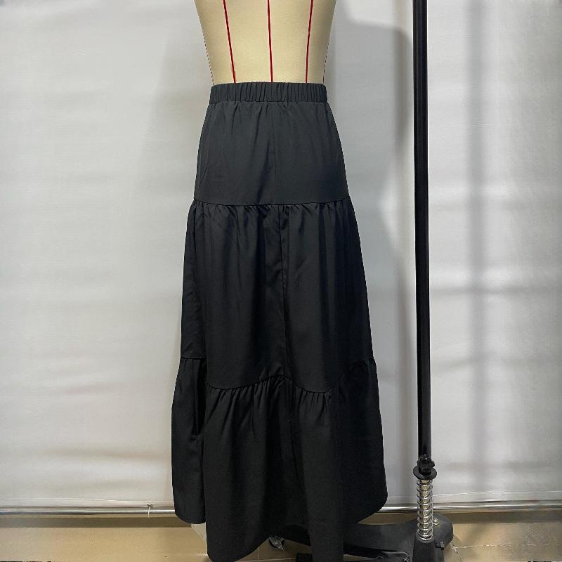 Mode Neu A-Linie Falten Casual Schwarze Röcke Damen Elegant Schlank Passend Frühling und Sommer Langer Rock Damen Vintage Einfarbig Hoher Bund Damenrock 25920