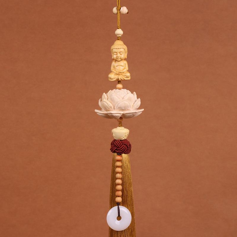 Handmade Boxwood Lotus Buddha Fu Figurines Pendants Car Ornaments Chinese Knot Style Window Decoration Home Decor Feng Shui Gift