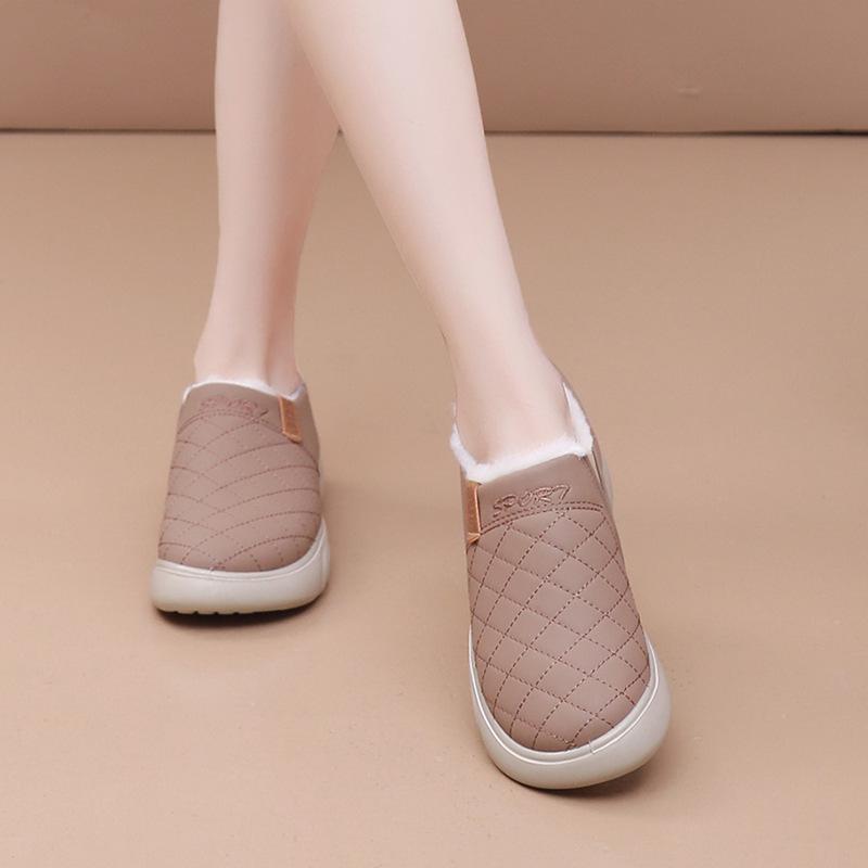 New Winter PU Waterproof and Warm Loafers, Piled and Thickened Wool Mother Shoes, Thick-soled One-pedal Lazy Shoes