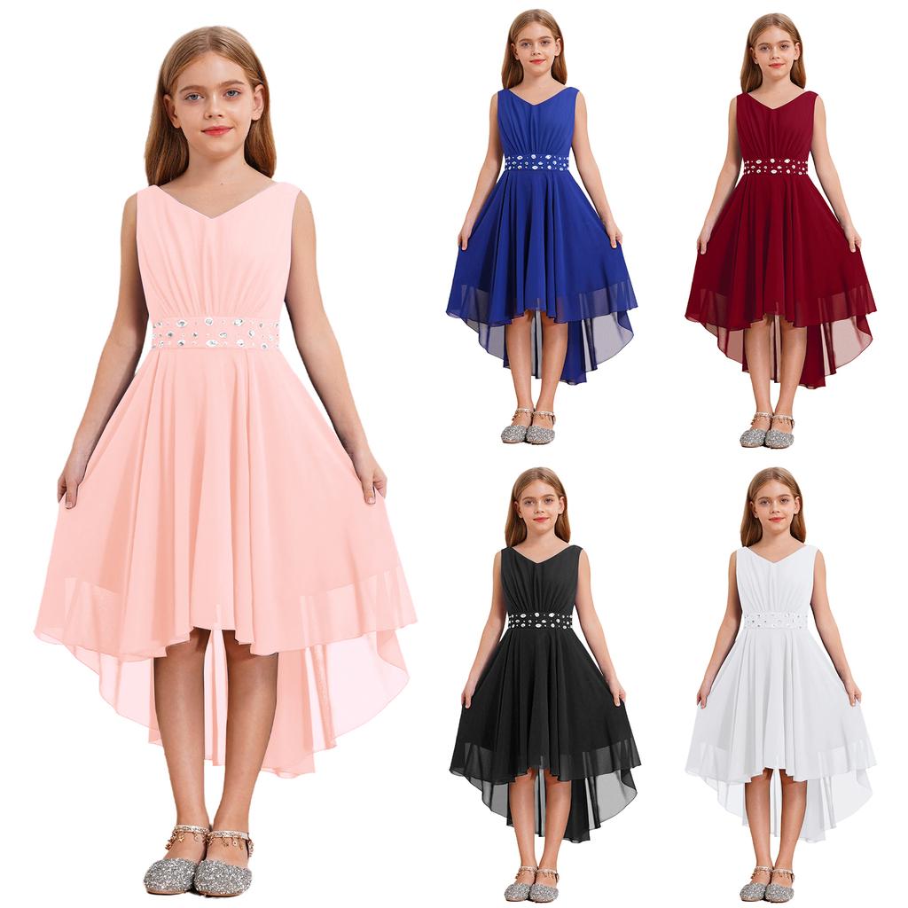 Kids Big Girl Sleeveless Pleated Chiffon Flower Wedding Bridesmaid Formal Party Dress First Communion Dress