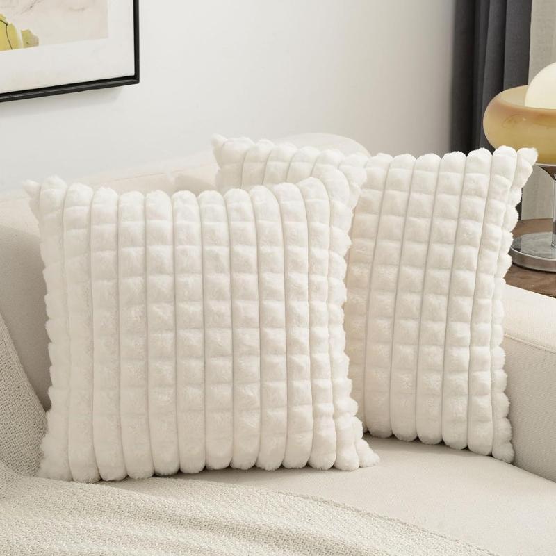 Winter New Imitation Rabbit Fur Pillow Cover Solid Color Grid Splicing Jacquard Plush Square Cushion Cover White Soft Pillowcase