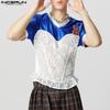 INCERUN Men Women Round Neck Short Sleeve Lace Patchwork Glitter Party T-shirts Tops