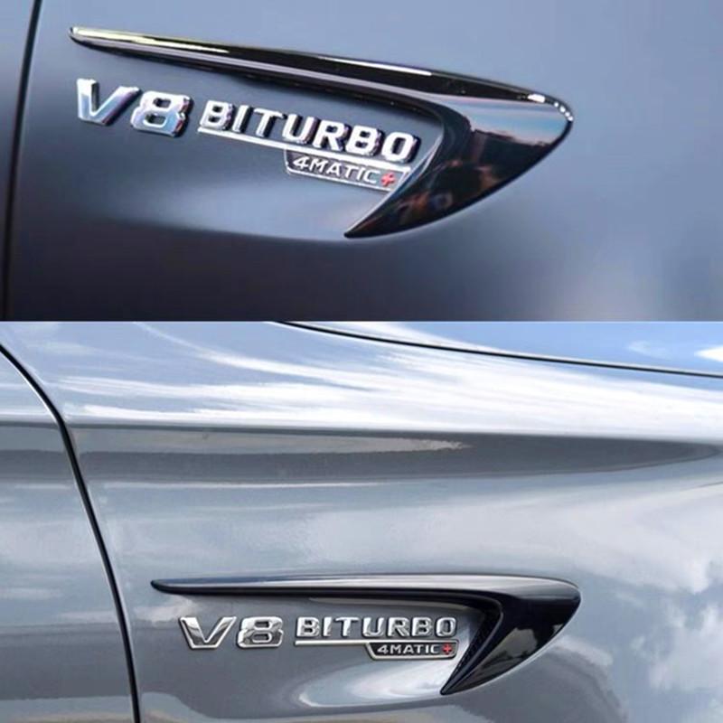 2pcs Vent Fender Trim Emblem Blade Logo V8 BITURBO 4MATIC+ for Mercedes Benz AMG V8 C200 C300 E300 E400 W213 Car Side Stickers