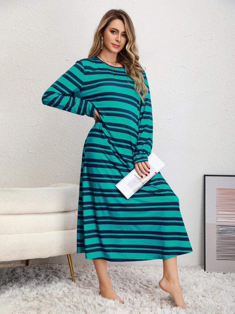 Women's Plus Size Dress Loose Casual Retro Long Stripe Dress