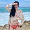 Red Stripes Show White Sexy Bikini Long-sleeved Butterfly Blouse Anti-sun Vacation Split Swimsuit Showing Thin and Covering Meat