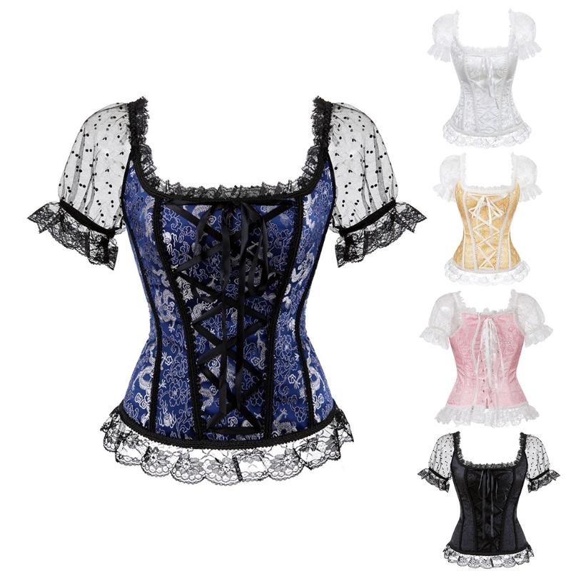 Overbust Corset Bustier Top Women With off Shoulder Sleeves Plus Size Burlesque Costume Hollow Mesh Floral Sexy Corselet