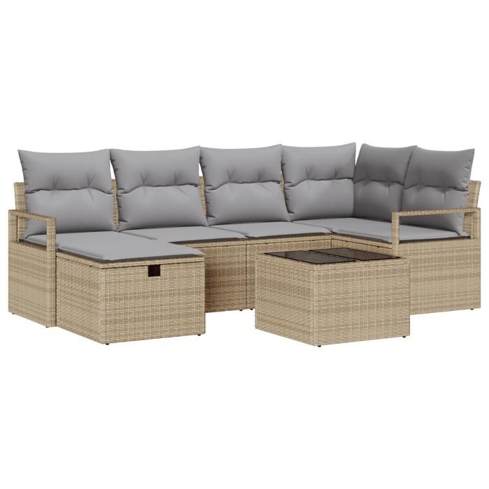 Ensemble de 7 pièces de canapé de jardin avec coussins beige poly rotin, Canapé de jardin 2 places avec rangement 3360521