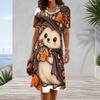 Women Plus Size Round Neck Short Sleeve Halloween Sloth Printed A Line Dress