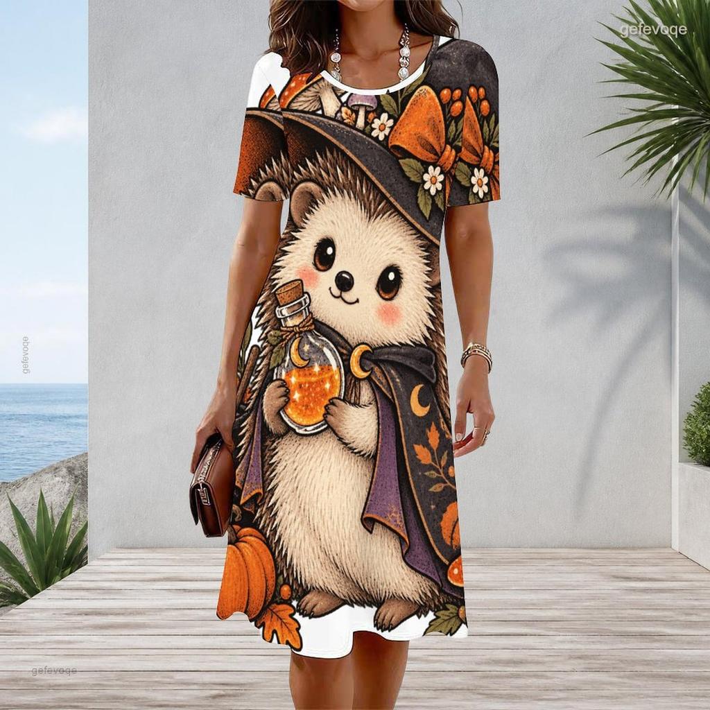 Women Plus Size Round Neck Short Sleeve Halloween Sloth Printed A Line Dress