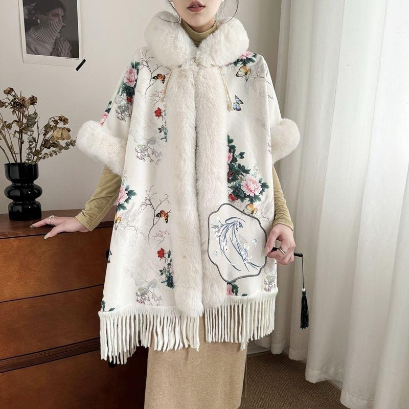 

Меховой воротник с бахромой, шаль, плюшевая утолщенная накидка в национальном стиле, шерстяная куртка с капюшоном в иностранном стиле для женщин 0018 # One Size