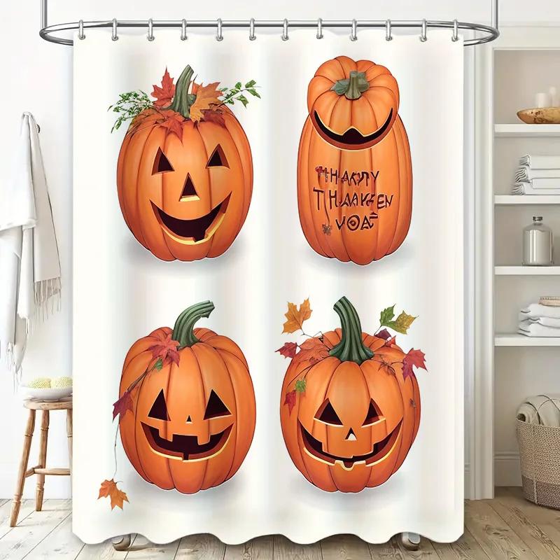 Halloween pumpkin shower curtain orange pumpkins with carved faces waterproof bathroom decor for your home
