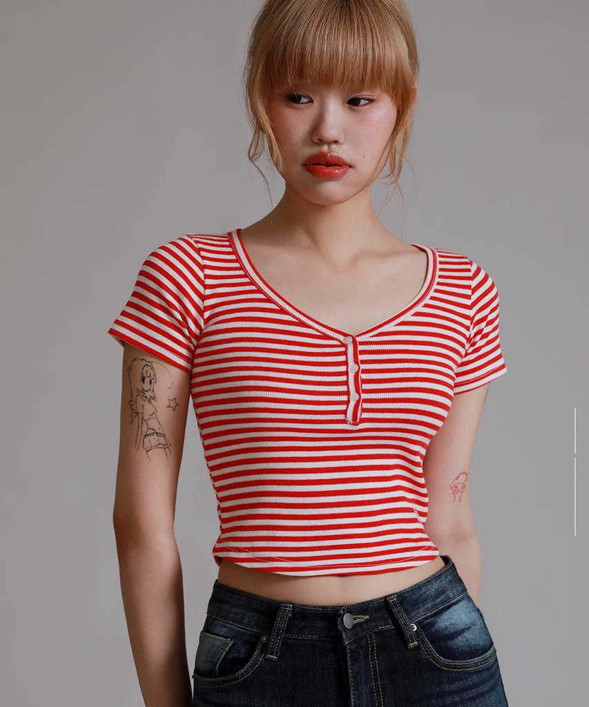 LIKE THE MOST Striped Henley Neck Half T-Shirt_Red