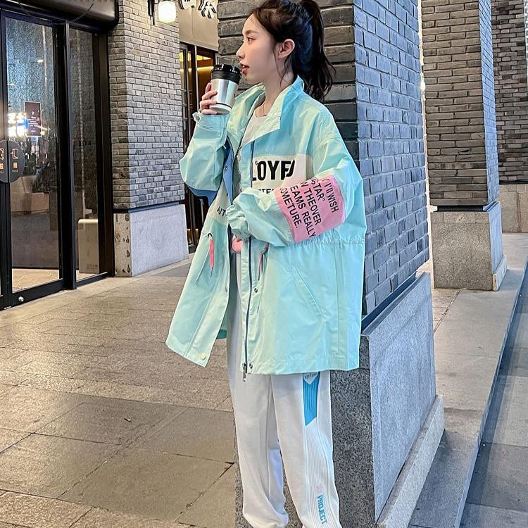 Korean Loose Windbreaker Women Autumn Fashion Color Block Casual Workwear Coat