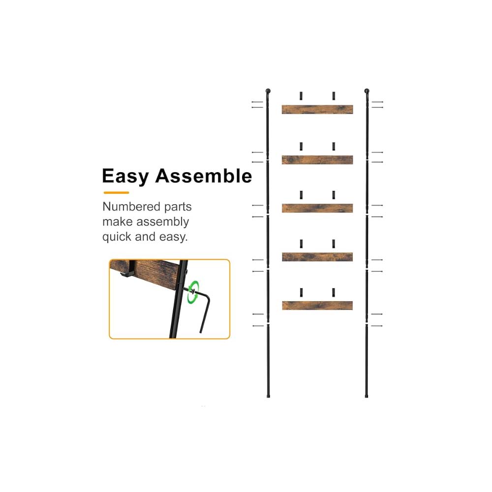 Rustic Brown 5-Tier Blanket Ladder with 10 Hooks - Wall-Leaning Storage for Living Room, Bedroom & Bathroom
