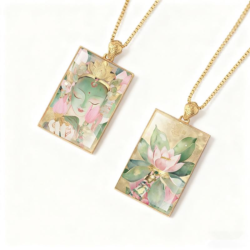 Double-sided Titanium Steel Pendant with Real Gold Plated Gau Box, Hand-painted Green Tara and Wealth Thangka.