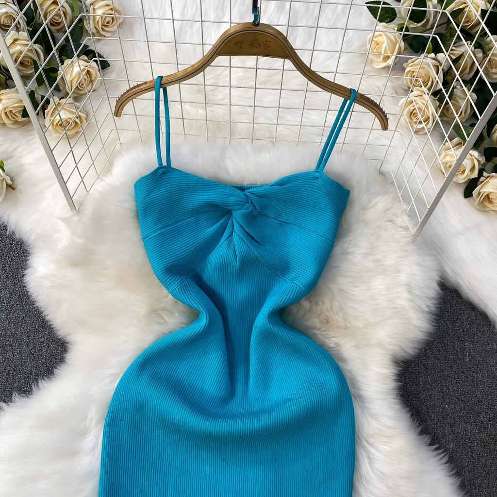 Summer Women Sexy Spaghetti Strap Knitted Sweater Long Midi Home Chic Sheath Dresses