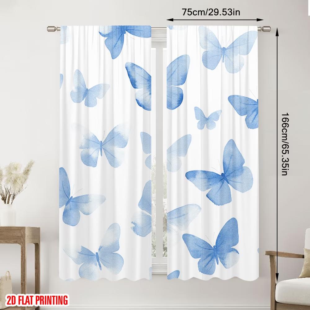 2PCS Digital Printed Curtains, Blue Print Butterfly Vintage Insect Pattern, Window Drapes for Living Room Bedroom Home Decor