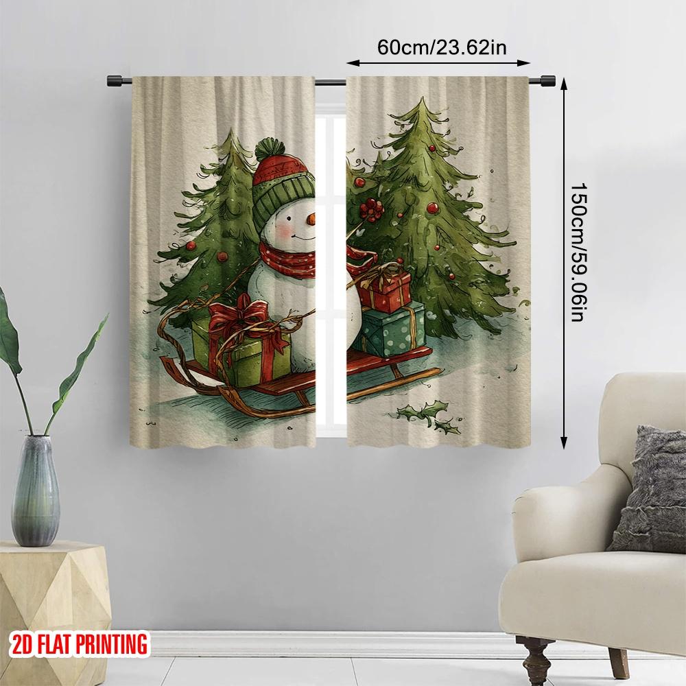 2pcs,2D Plane Printing Pattern Curtains Snowman_ Tree & Holly Versatile 100% Polyester (without Rod) Versatile All Perfect for