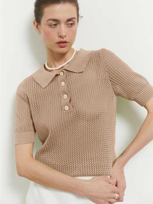 Women's 2025 Summer See-Through Short-Sleeve Knitted Top with Turn-Down Collar